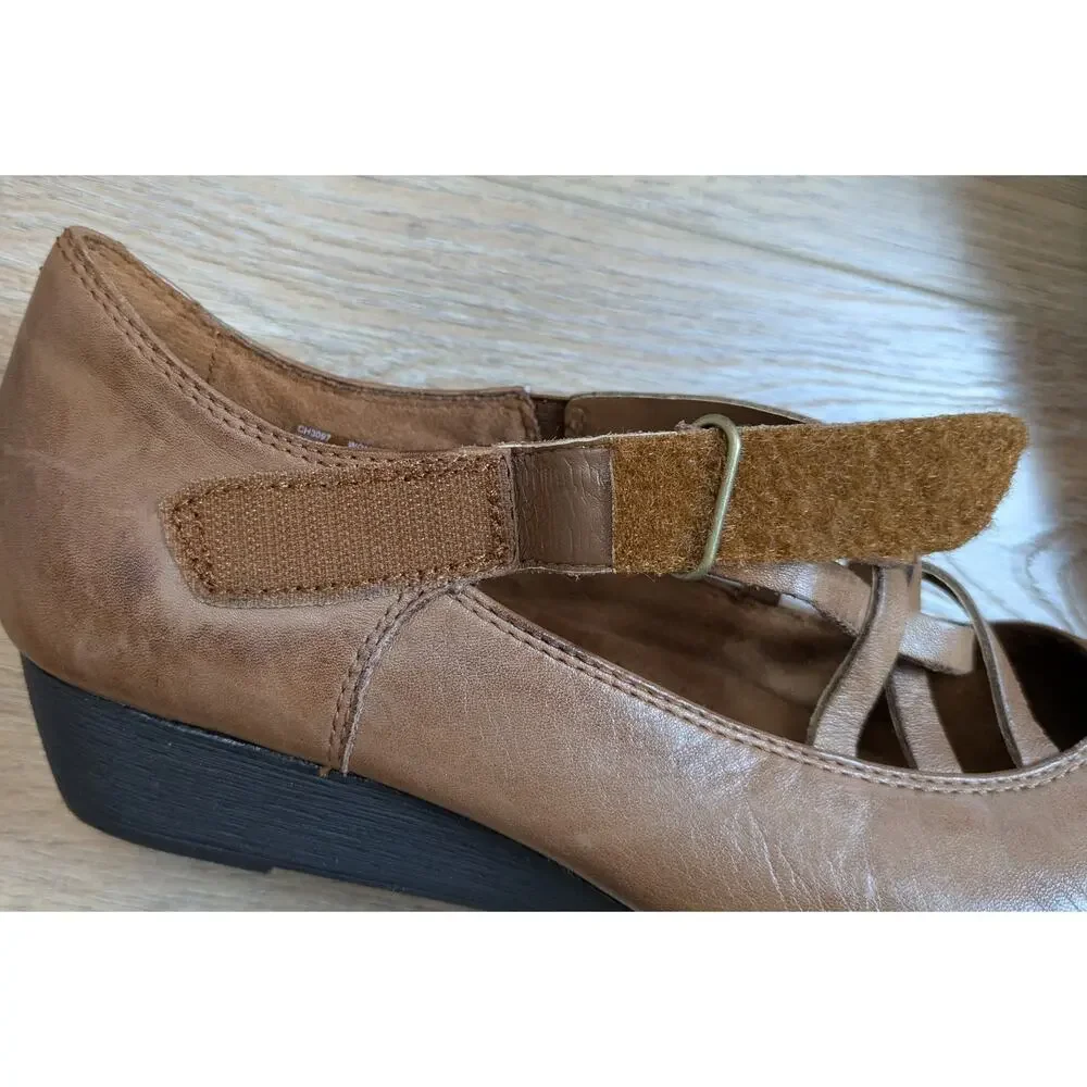 Rockport Cobb Hill Leather Wedge Heels 9.5 Brown Mary Jane Strappy Comfort Shoe